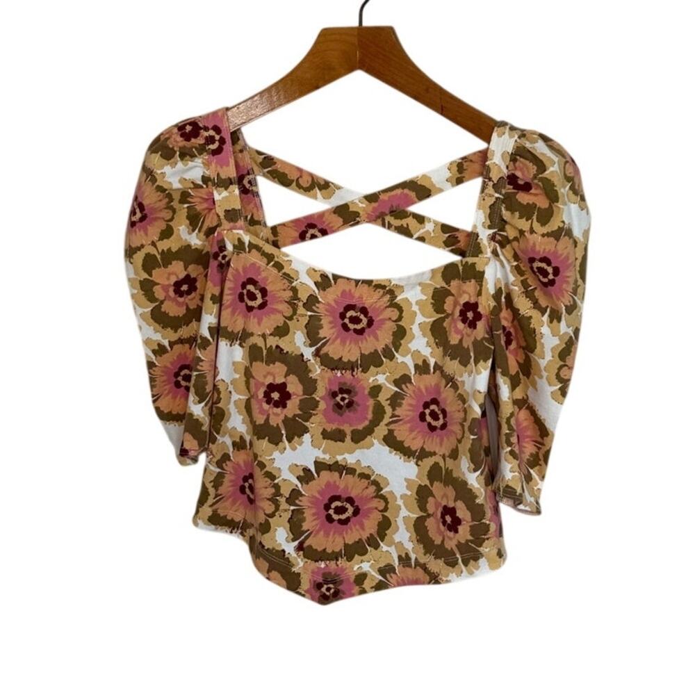 Free People Give Me More Top Floral Ivory Combo Puff Sleeve Cross Back M
